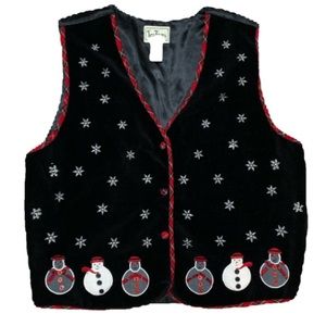 Vintage 90s Velvet Snowman Plaid Trim Christmas Vest - XL
